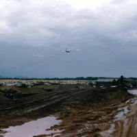 Marine C 130 from VMGR 152 takes off at SATS airstrip at Chu Lai during Monsoon Sept. 1965