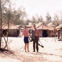VMA 225 Marines Marty Halpin ( L) and John Karaban at Sleeping Tents Chu Lai Aug. 1965.