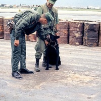 Doc Jones with dog and handler hitching ride on medi-vac mission heading up north. YL-1