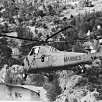 HMM-361 UH-34 heads for landing zone